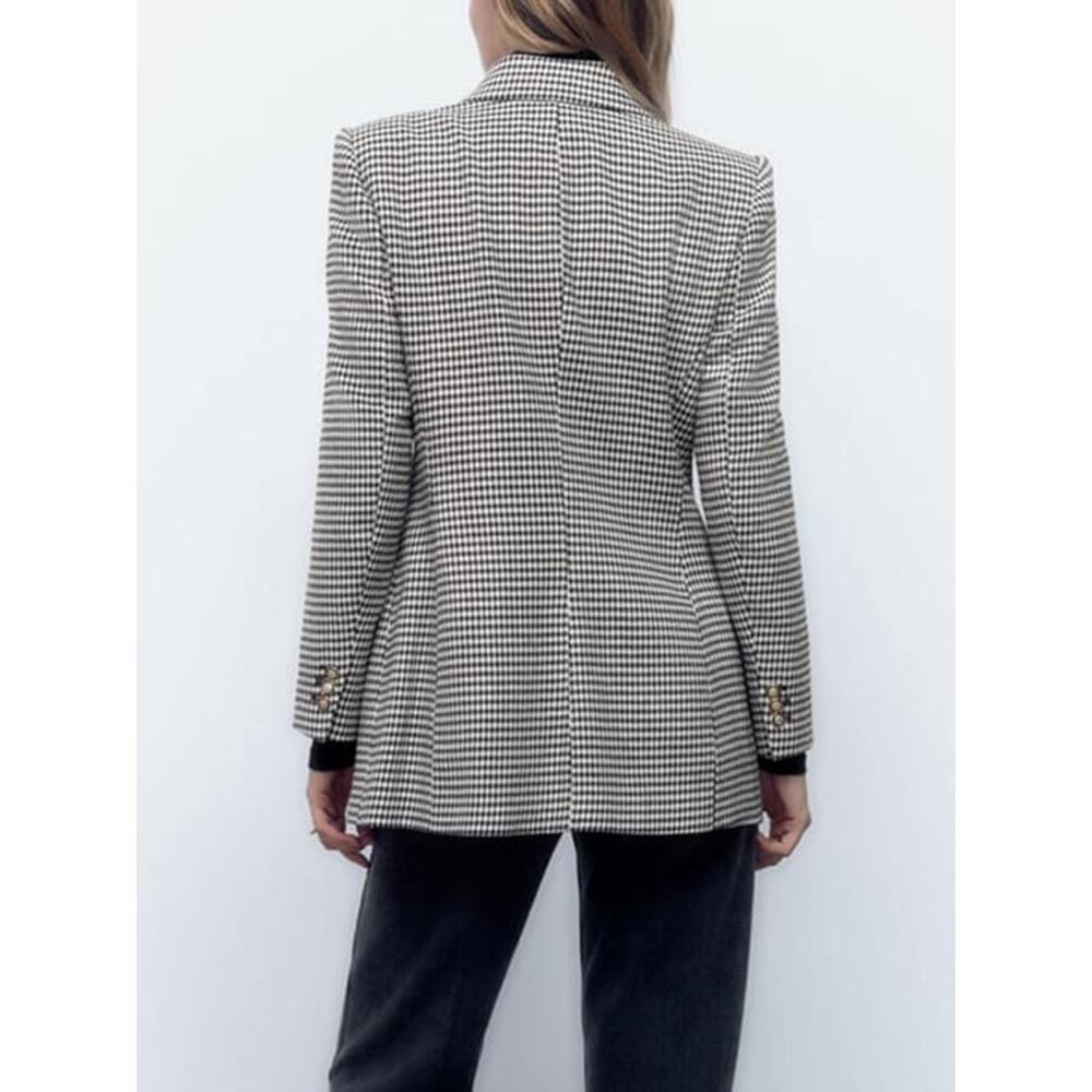 Zara Houndstooth Double Breasted Blazer Jacket Collared Gold Button Tweed XS - Picture 5 of 11